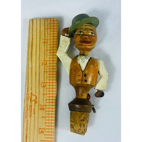 Vintage Anri Italian Wooden Bottle Stopper Man Tipping Hat Cork Hand Carved - Picture 10 of 10